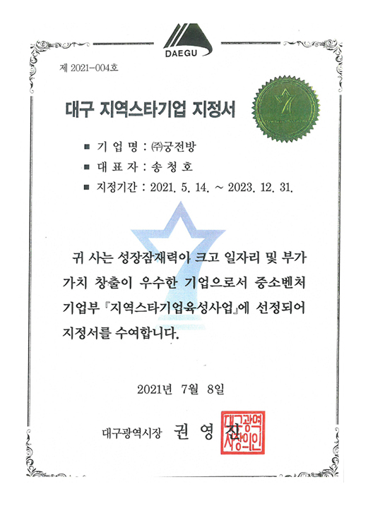 대구지역스타지정서